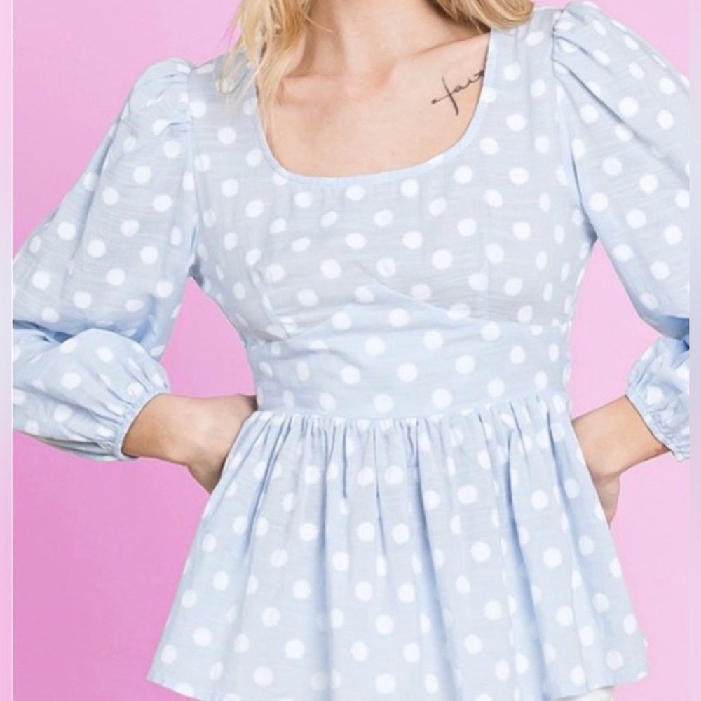 NWT Elegant Sky Blue Polka Dot Blouse - Picture 5 of 10